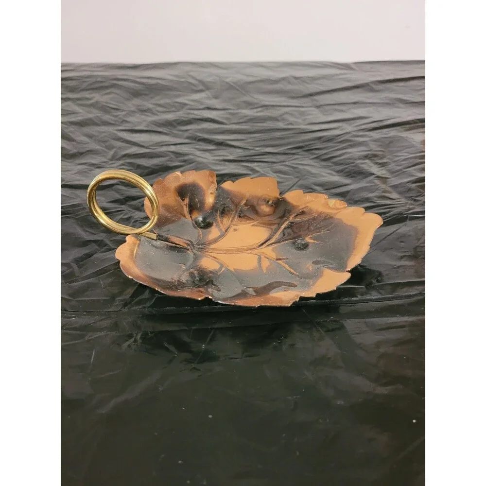 Vintage Copper Leaf Dish Tray Change Keys Brass Handle Patina